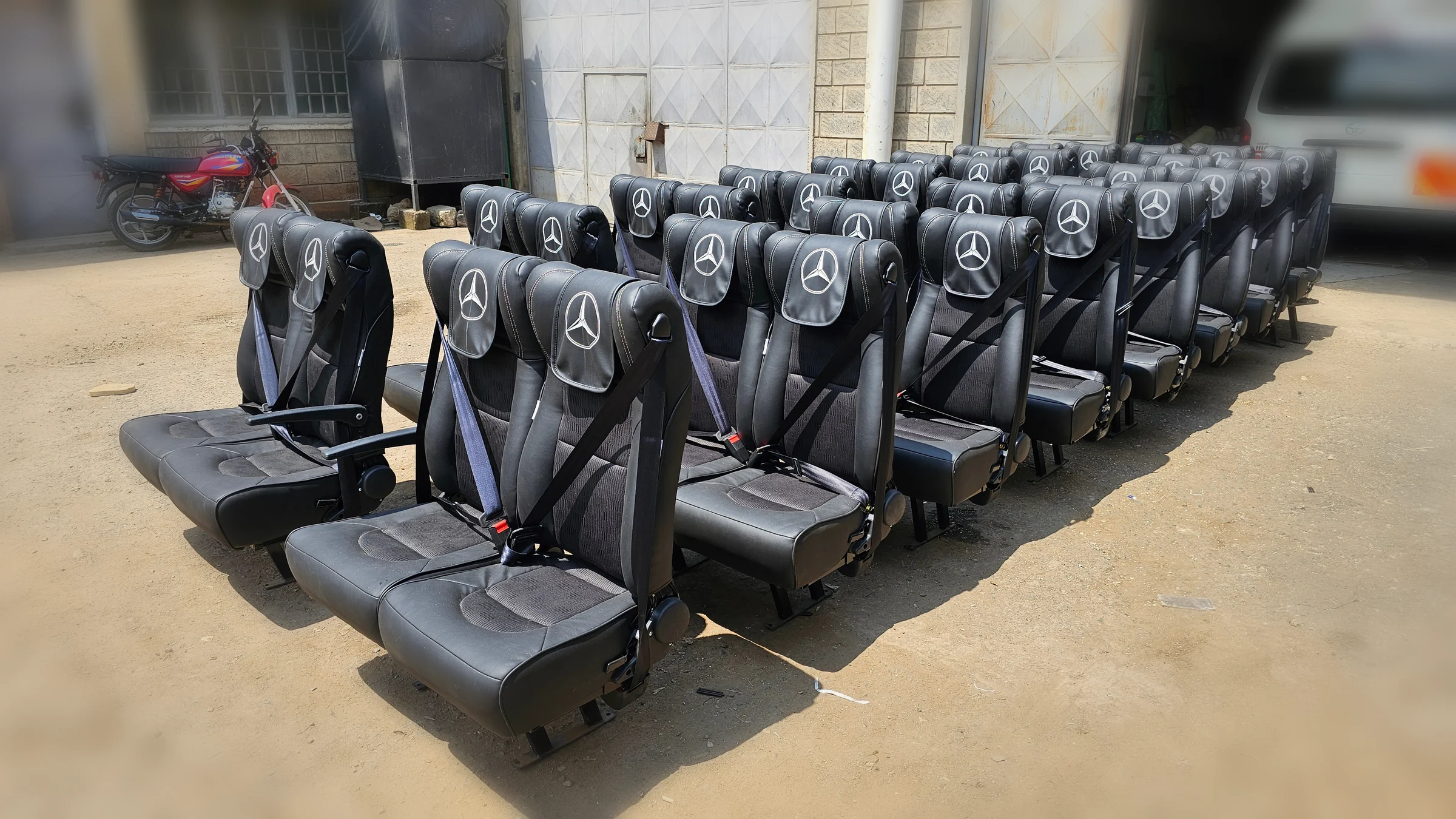 Fleet order of embossed Mercedes seats ready for collection