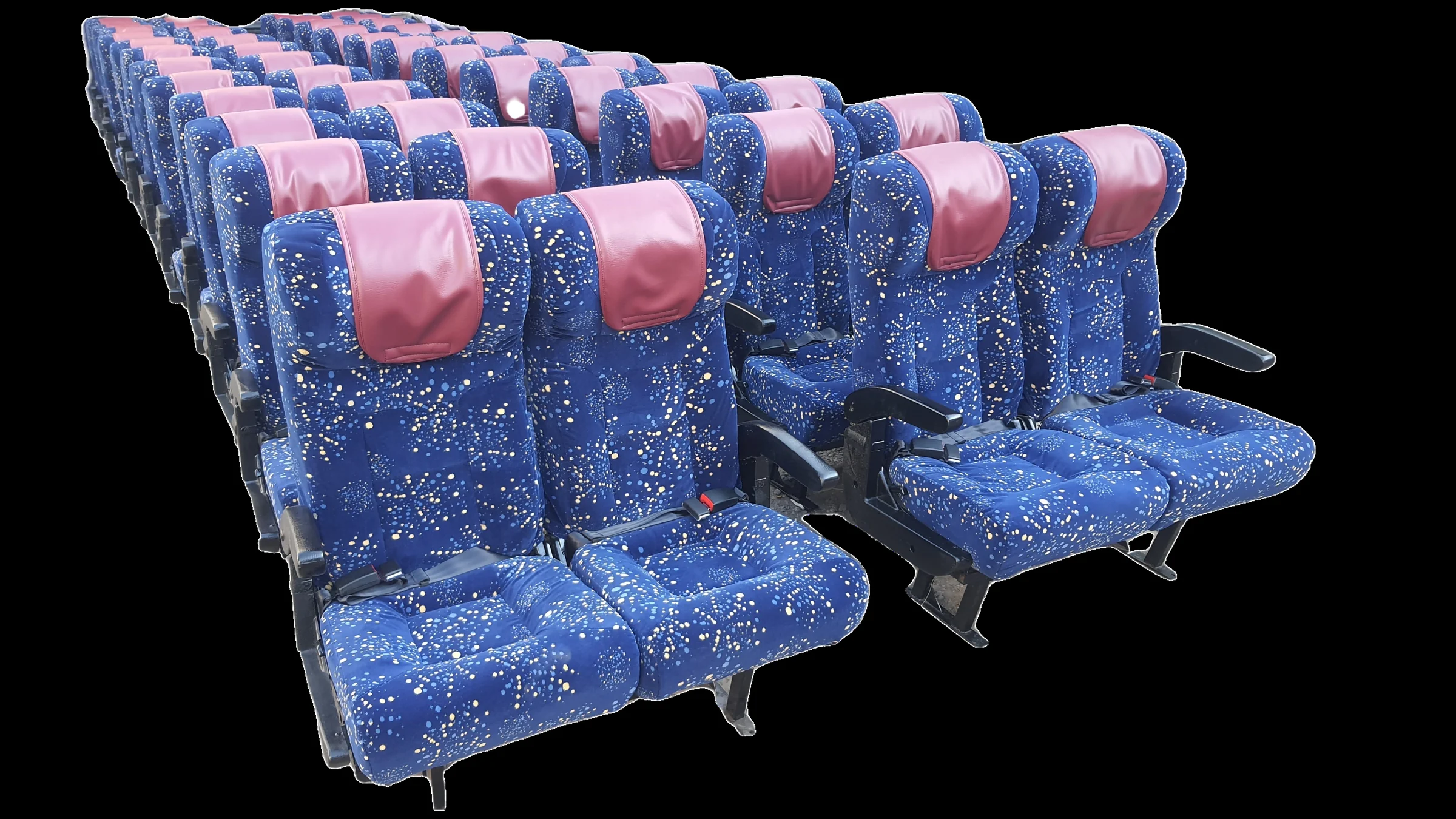 Bus and coach seat rows upholstered in blue and burgundy